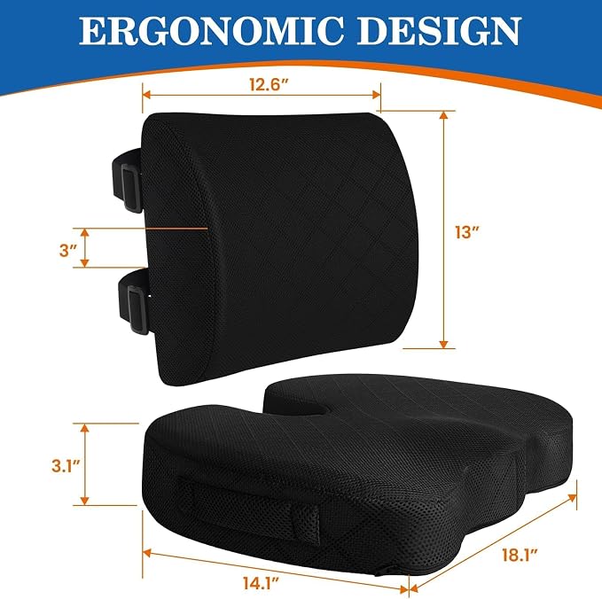 Back&Seat Cushion, Chair Cushions, Lumbar Back Support Pillow, Black/Large | Breathable Memory Foam Back Support Pillow, Portable Airplane Seat Cushion for Travel, Computer Desk, Wheelchair, Driving - Image 2