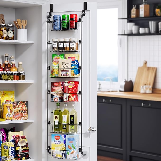 Delamu Narrow Over the Door Pantry Organizer, 6-Tier Metal Pantry Door Organization and Storage for Easy Install, Hanging Spice Rack Seasoning Shelves for Cabinet & Kitchen, D5 x W13 x H50 inch, Black by DELAMU