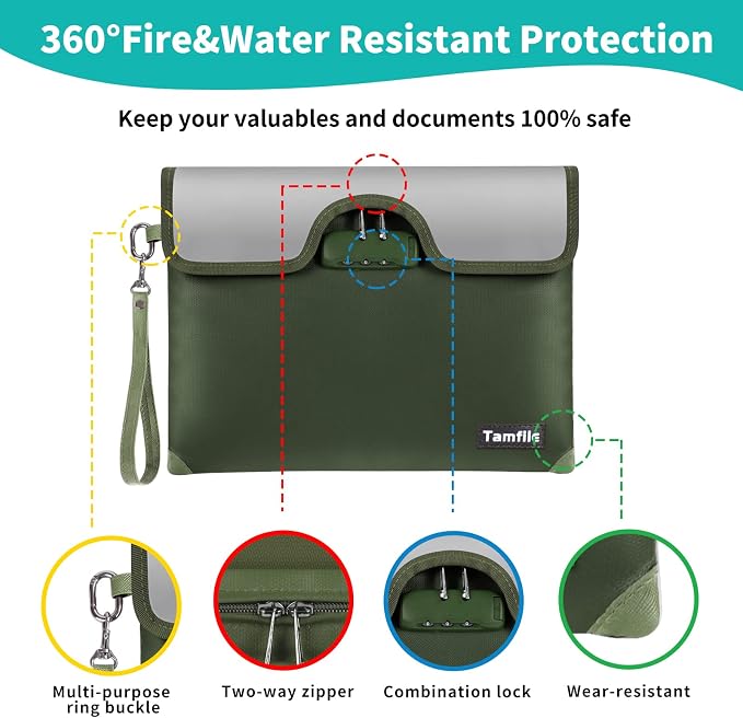 5200°F Fireproof Money Bag with Lock, Water Fireproof Document Bag with Zipper, 8 Layers Fire Insulation, Fireproof Safe Storage Pouch with Lock for Cash, Passport, Certificate(10" x 13", Green) - Image 6