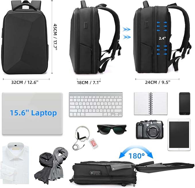 FENRUIEN Anti Theft Laptop Backpack for Men, Expandable Water Resistant Hardshell Backpack with USB Port, Black Business Travel Computer Bag 15.6 Inch - Image 2