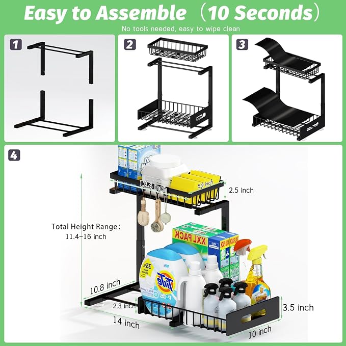 Adoymiro Under Sink Organizer, Adjustable Shelves, 2 Pack Pull Out Cabinet Organizer Slide Out Sink Shelf Cabinet Storage Shelves, Under Sink Storage for Kitchen Bathroom Cabinet - Image 2