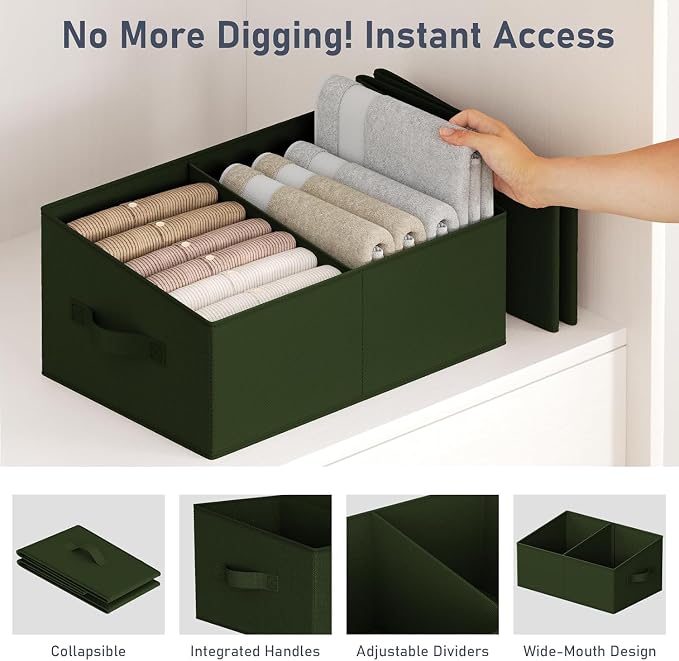 DIMJ Large Closet Shelf Organizer Bins 4 Packs with Handles and Divider, Fabric Trapezoid Storage Baskets, Foldable Clothes Containers Box for Shelf, Towel, Book, Toy, Purse, Hats, Green - Image 4