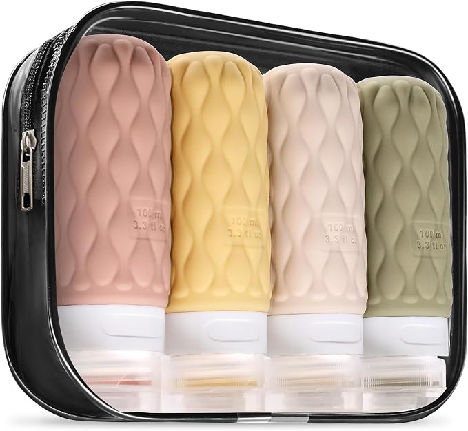 3.4oz Silicone Travel Bottles for Toiletries Refillable Liquid Accessories | for Shampoo and Conditioner, TSA Approved Leakproof Squeeze Bottles Travel-friendly with Labels/Clear Bag by Lericttor