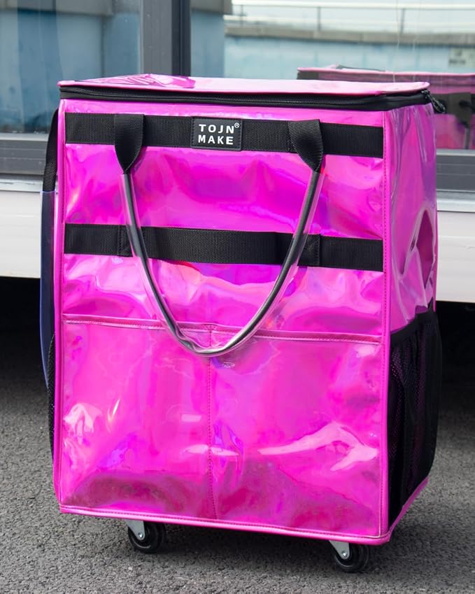 Reusable Grocery Bag On Wheels (Medium, Glitter Pink), Shopping Trolley, Rolling Tote with 8 Pockets and Zipper Cover, Foldable, Heavy Duty Handles, Carries Up to 66 LBS - Image 6