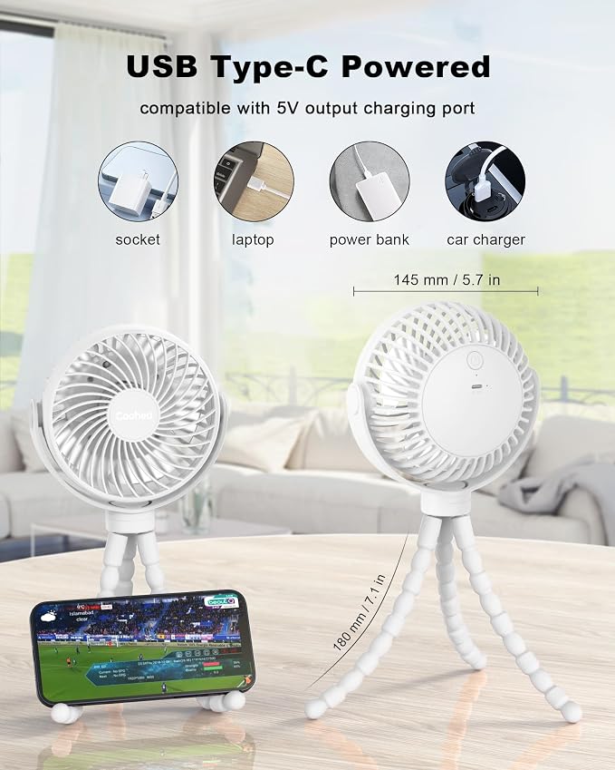 Coohea Clip on Stroller Fan, Rechargeable Long-Lasting Power Wind Fan,White | 4000mAh Battery Operated, 360° Rotatable Flexible Tripod, 3 Adjustable Speed, Portable Fan for Car Crib Backseat Beach Travel - Image 6