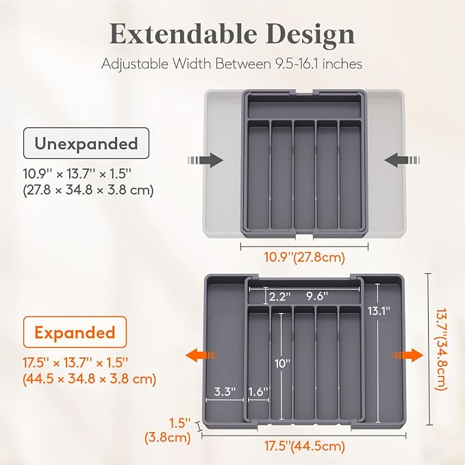 Lifewit Expandable Silverware Drawer Organizer, Kitchen Utensil Tray | BPA-free Plastic Flatware Cutlery Holder, Space-Saving Storage for Spoons Forks Knives, 11-18 x 14 x 1.5“, Dark Gray - Image 2