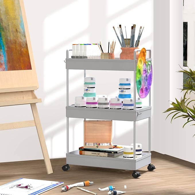 SOLEJAZZ 3 Tier Slim Rolling Storage Cart Organizer with Wheels, Gray | Utility cart for bathroom, laundry, bedside, dorm&narrow spaces. Fits craft, nail, makeup, snack, art, diaper&baby essentials - Image 5