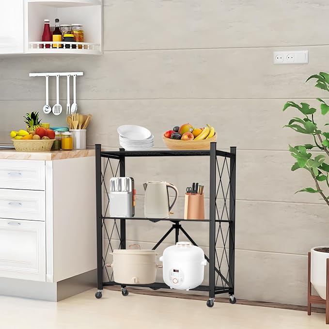 3 Tier Foldable Storage Shelf with Wheels Garage Shelving | Unit Loads 550 LBS, Metal Steel Collapsible Shelves, Rolling Standing Utility Rack for Kitchen, Pantry, Office, Black - Image 8