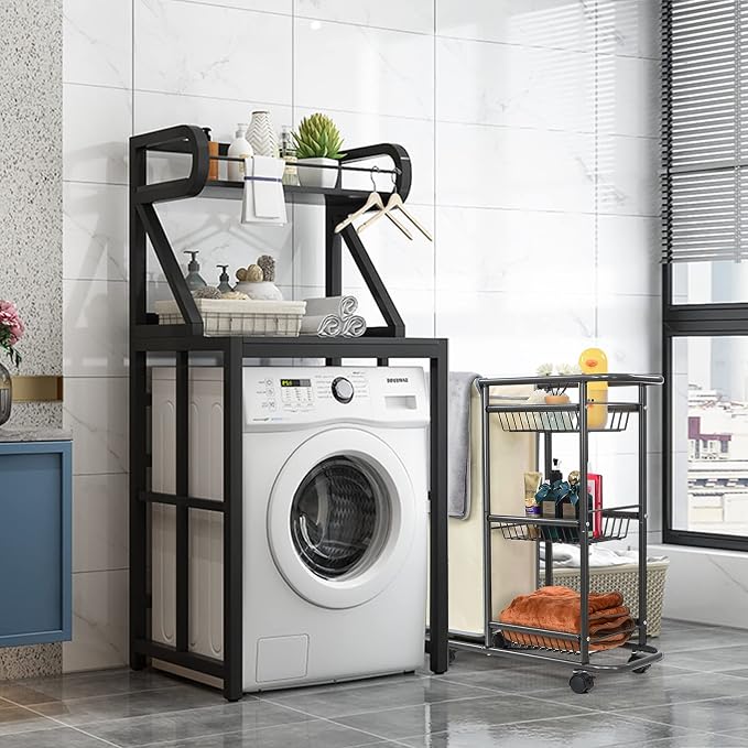 Narrow Laundry Cart with Wheels, 3 Baskets and 45L Laundry Bag | Metal Rolling Cart for Small Space, Laundry Room Organization and Storage, for Bathroom Living Room Apartment Dorm - Image 8