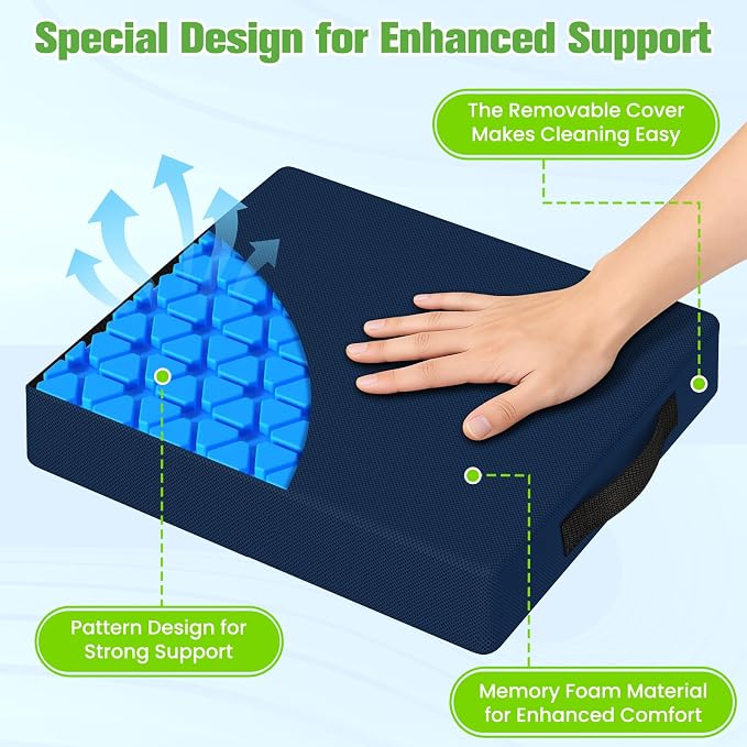 Seat Cushion for Office Chairs, Memory Foam Chair Cushion with Patterned Core for Even Support, Back, Tailbone & Sciatica Relief, Chair Pillow with Carry Handle for Car, Wheelchair(Blue) - Image 2