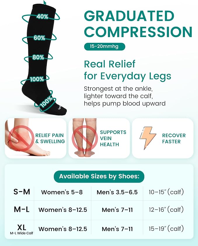 Merino Wool Easy On Compression Socks for Women & Men, 15-20 mmHg, Plus Size Knee High Stocking for Nurses, Pregnancy, Travel, Flight, Medias de Compresión Mujer - Image 6