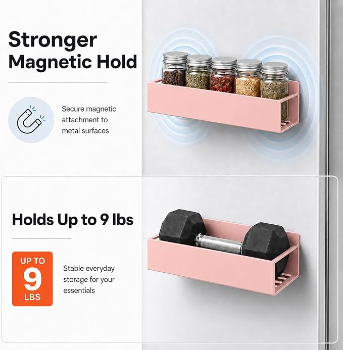 SMRCAD 6 Pack Metal Magnetic Spice Rack for fridge, Heavy Duty | Iron + Magnet | Holds 9 lbs per shelf | Full-back magnets | Screws included | Climate Pledge Friendly - Image 3