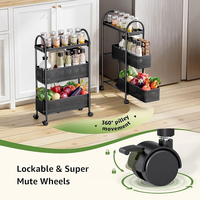 KINGRACK 3 Tier Slim Rolling Cart with Drawer, Metal Utility Storage Cart | 2 Pull-out Baskets, Lockable Wheels, Narrow Space Trolley Organizer for Bathroom, Kitchen, Office, Dorm, Laundry Room, Black - Image 5