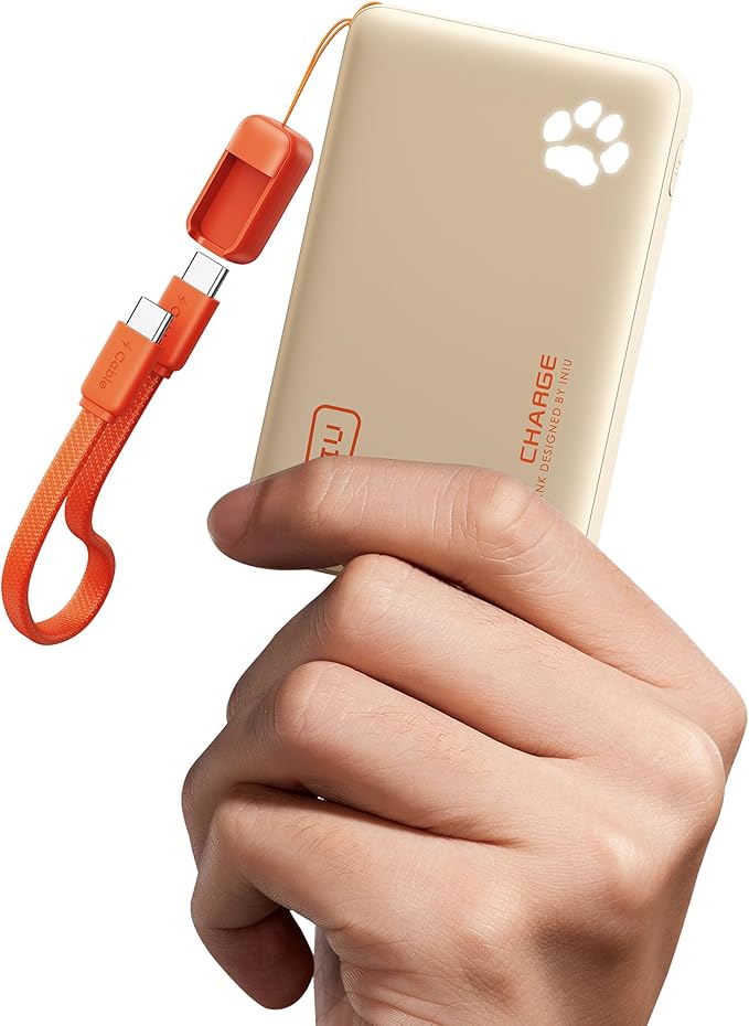 INIU 45W Fast Charging Portable Charger, Smaller 10000mAh Travel Power Bank | Flight-Safe, Detachable USB C Cable, Travel Essential, External Battery Phone Pack for iPhone 17 Samsung S26 iPad etc, Beige by INIU