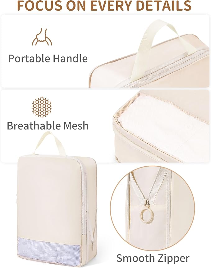 11pc Compression Packing Cubes for Travel, Expandable Suitcase Organizer Bags Set for Carry on Luggage, Essential Travel Accessories for Clothes, Beige - Image 4