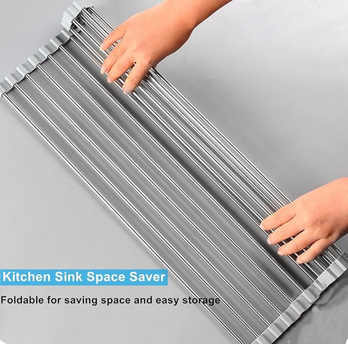 Seropy Roll Up Dish Drying Rack Over The Sink for RV Sink 17.5x15.7 in Kitchen Drying Rack Folding Dish Drainer Mat Rolling Dish Rack Foldable Rack Stainless Steel Wide Kitchen Dry Rack - Image 2