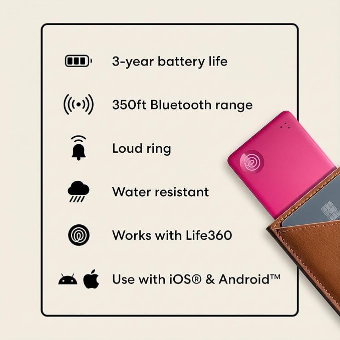 Life360 Tile Slim - Wallet Finder, Bluetooth Tracker and Item Locator for Luggage Tags, Passports and More. Both iOS and Android Compatible. Phone Finder. 1-Pack (Pink Punch) - Image 8