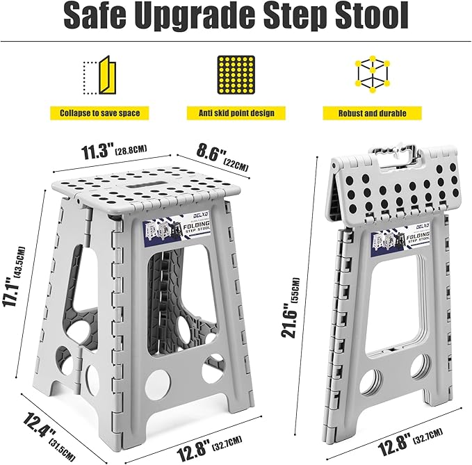 Delxo 17.5 Inch Folding Step Stool,Foldable Step Stool for Adults Grey | Step Stool with Safety Lock,Portable Collapsible Step Stool,Non-slip Folding Stools for Kitchen Bathroom Bedroom Garden 1PC - Image 6