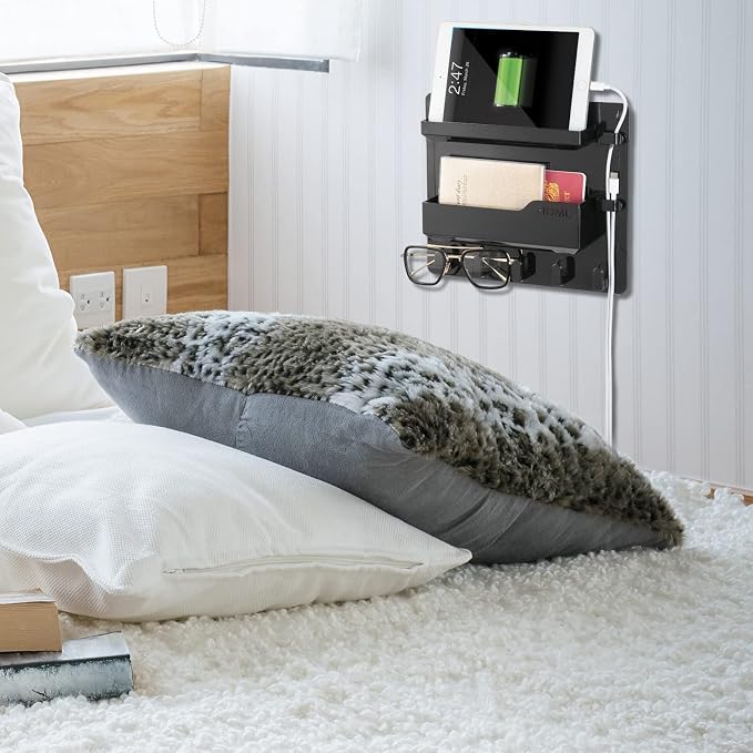 YONGAIJIA Bedside Shelf Wall Mount with Hooks, Cable Clips, No-Drill, Black | RV Shelf ,Camper, Dorm Room Essentials, Bunk Bed, Damage-Free Adhesive, Floating Organizer, Holds Phone Remote Glasses - Image 5