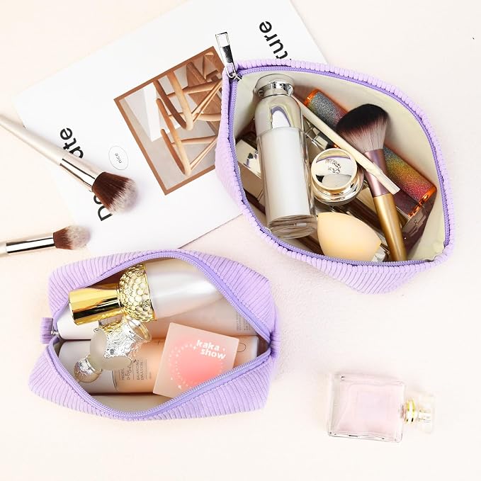 SOIDRAM 2 Pcs Corduroy Makeup Bag Large Cosmetic Bag Toiletry Bag Makeup Pouch Travel Bag Organizer Cute Makeup Brushes Aesthetic Accessories Storage Bag for Women Purple - Image 4