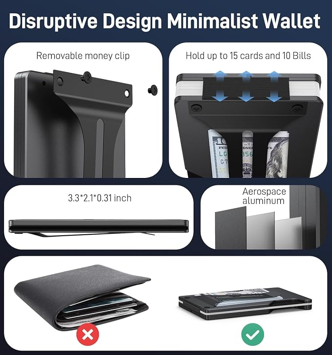 Minimalist Wallet for Men, Slim Metal RFID Blocking Wallet Credit Card Holder Money Clip & Cash Strap, Scratch-Resistant Holds 15 Cards,Ideal Gift for Men | Matt Black - Image 7