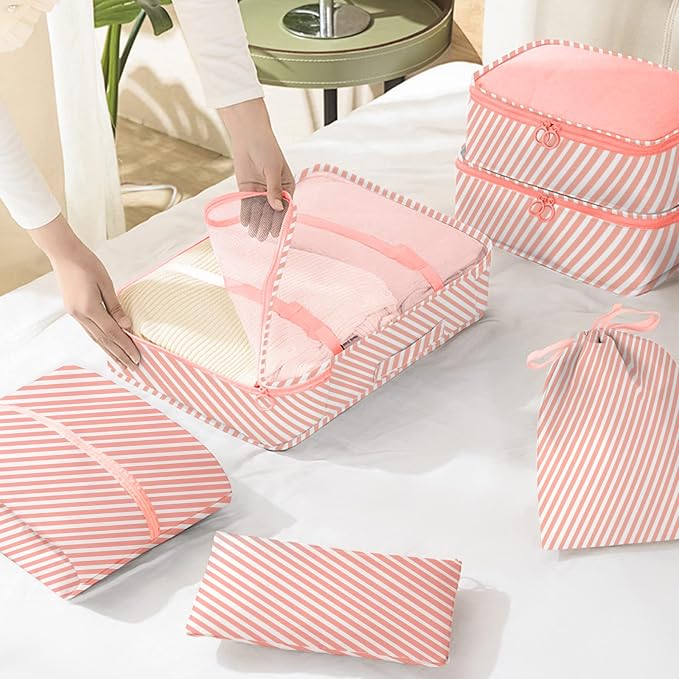 KPX 8 Set Packing Cubes for Travel, Luggage Packing Organizers Accessories Large Toiletries Bag for Clothes Shoes Cosmetics (Pink Strips) - Image 6