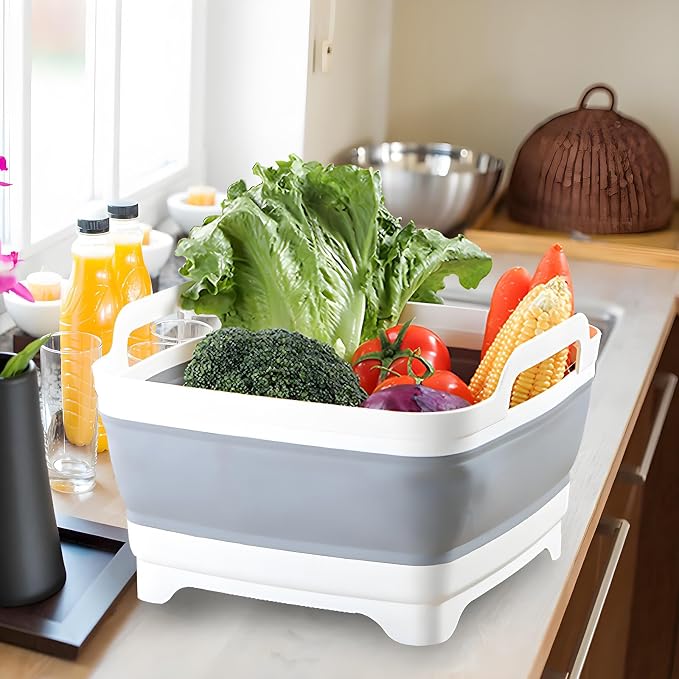 Collapsible Dish Basin with Drain Plug, 9L 2.4 Gallon Portable Wash Basin Dishpan Space Saving Dish Washing Tub Foldable Sink Tub Kitchen Storage Tray Grey - Image 6
