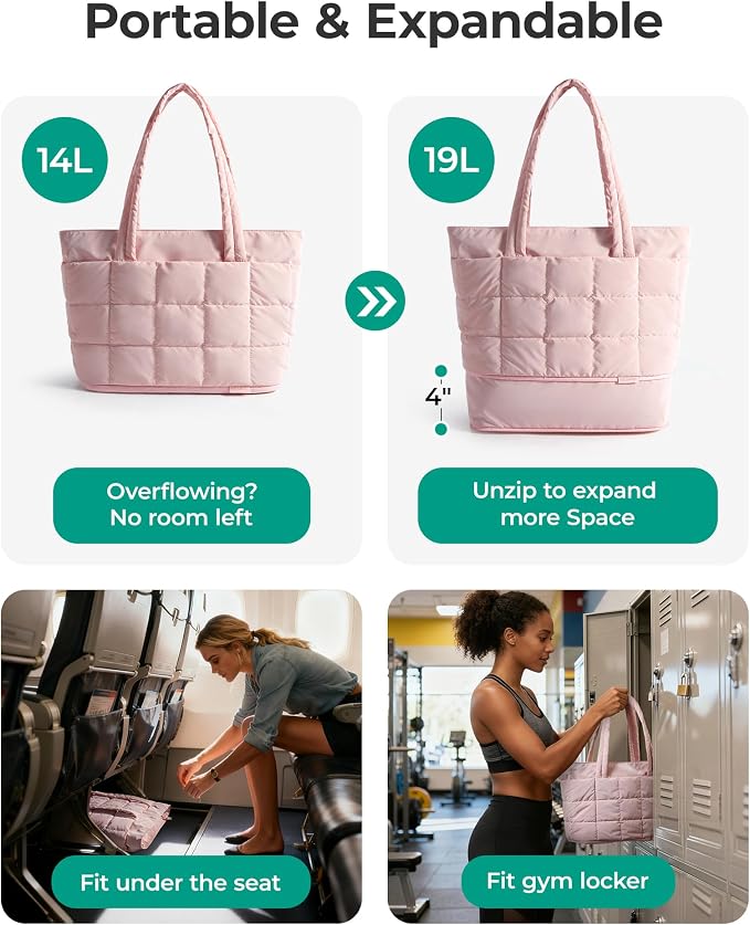 BAGSMART Expandable Tote Bag for Women, Puffer Work Tote Travel Bag | Quilted Carry On Bag for Travel Work Gym College, Waterproof Travel essentials - Image 3