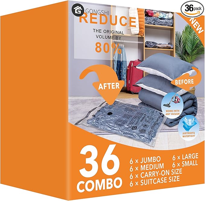 GONGSHI Vacuum Storage Bags, Space Saver Seal Bags For Clothing, Travel Luggage,Blankets, Comforters, Pillows, Clothes Storage.36 Combo by GONGSHI