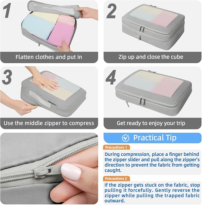 BAGAIL 4 Set/6 Set/8 Set Compression Packing Cubes Travel Accessories Expandable Packing Organizers (Square Mesh, 06-Grey) - Image 4