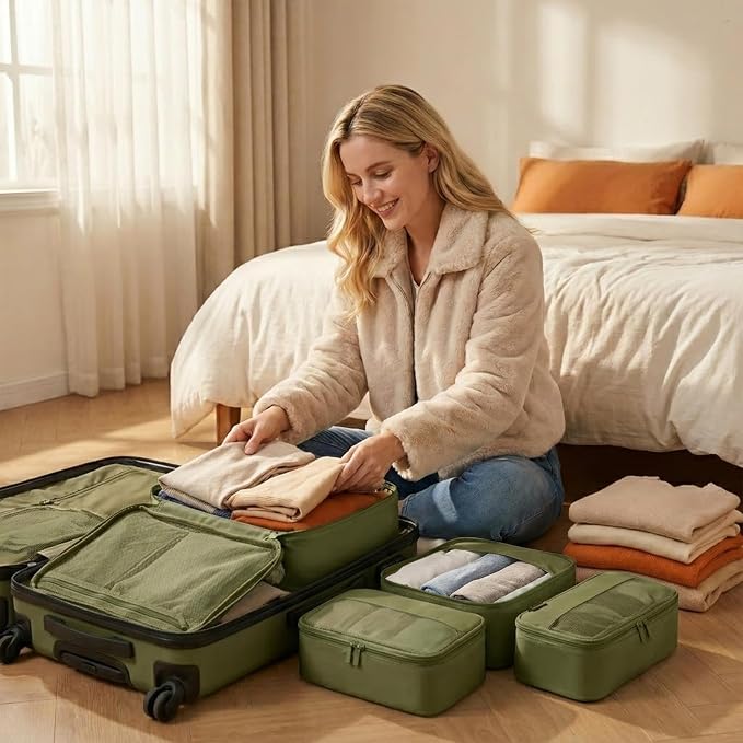 4 Piece Compression Packing Cubes for 3–7 Day Travel, Space Saving Travel Organizers with Breathable Mesh, Double-Zipper Packing Cubes for Carry-On & Suitcases (Green) - Image 6