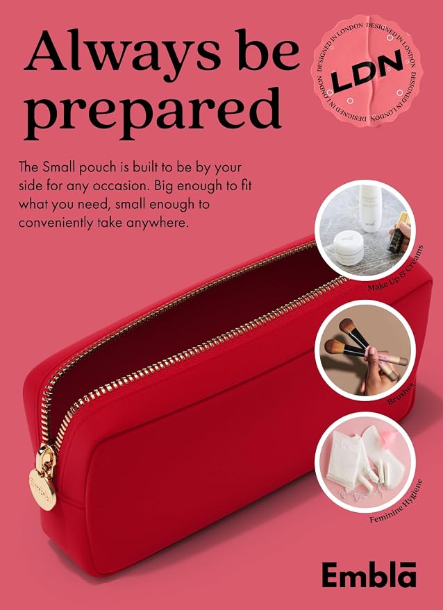 Embla Makeup Bag Travel Cosmetics Pouch and Toiletry Bag, Nylon Zipper Pouch Purse, Cute Make Up Organizer Storage Tote for Women Girls, Waterproof Travel Skincare Case, Small Makeup Bags, Ruby Red - Image 4