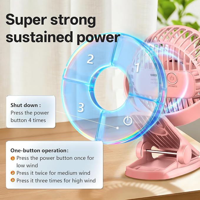 Portable Clip on Fan Rechargeable Mini for Desk Golf Camping Pink | 4000mAh 20H Battery, Quiet Brushless Motor 4.5m/s, One-Click Shutdown, 3 Speeds, Detachable Cover, Type-C Charge, 360° Rotate - Image 9