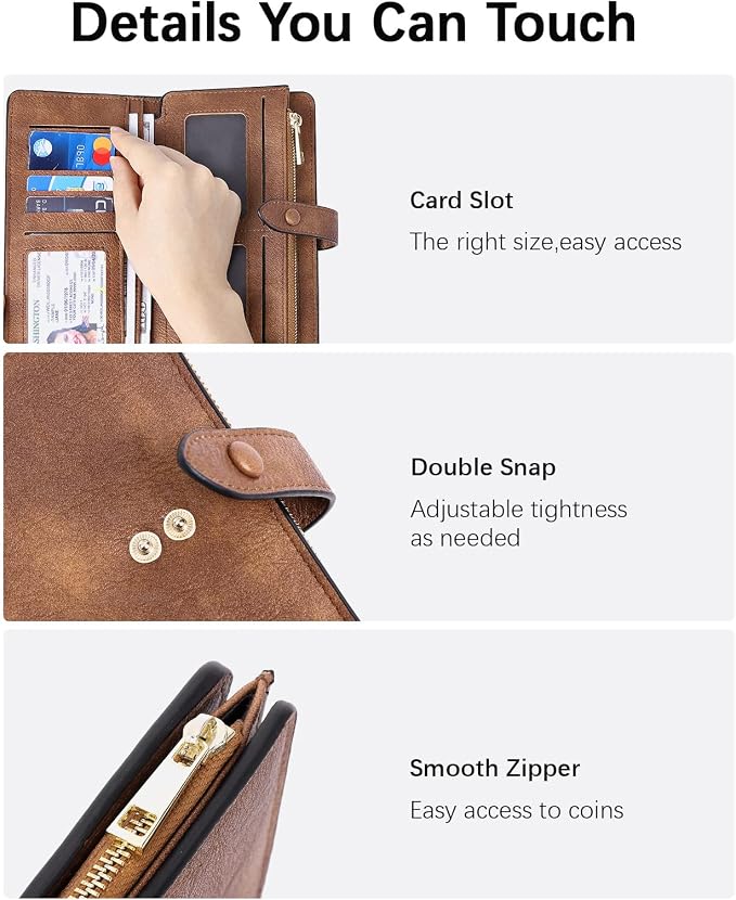 BOSTANTEN Womens Leather Wallet RFID Large Capacity Credit Card Holder | 4 ID Windows, 16 Card Slots, Zipper Coin Pocket, Clutch Wallet, Long Bifold, Ladies Gifts, Grey Brown - Image 5