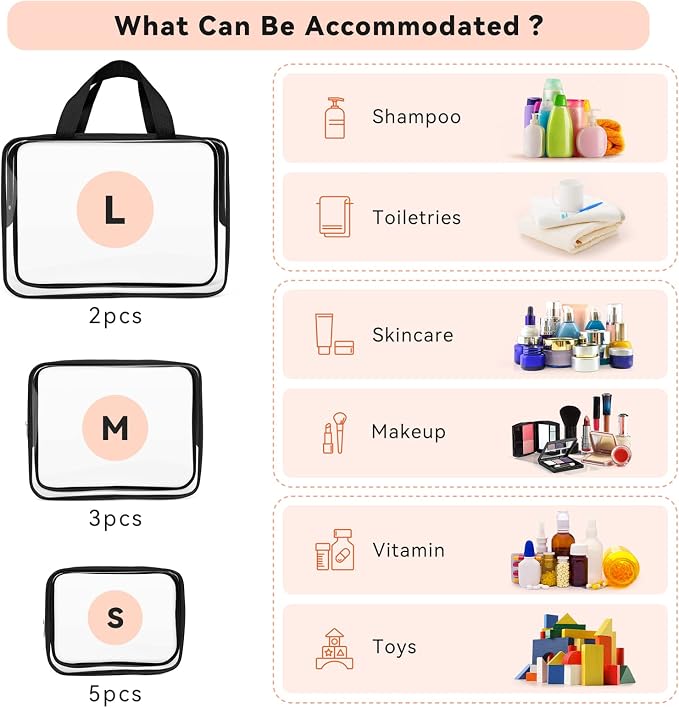 TISRATOK 10 PCS Clear Travel Bags for Toiletries, Clear Makeup Bags （Black） | 3 Size plastic clear bags with zipper handbag, TSA approved cosmetic pouch for travel, swimsuit,toy storage bags - Image 3