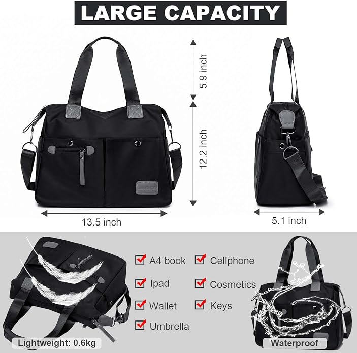 Tote Bag for Women,Multi Pockets Shoulder Handbag,Nurse Bag for Work,Large Cross body Purse,Fashion Nylon Top Handle Satchel - Image 6