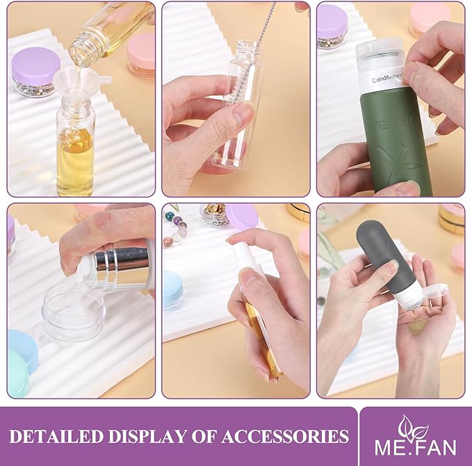 ME.FAN 18 Pack Travel Bottles for Toiletries, TSA Approved, Bright | Travel Size Containers Set, Silicone Squeezable Portable Split Bottle, Travel Accessories for Conditioner, Shampoo, Lotion - Image 4