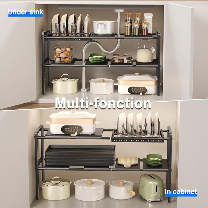 Mustorn Pots and Pans Organizer Under Cabinet, Expandable 2 Tier Under Sink Organizers and Storage Adjustable Height Kitchen Pot and Pan Lid Holder Rack with 6 Dividers(6panels,1 Pot rack, Black) - Image 5