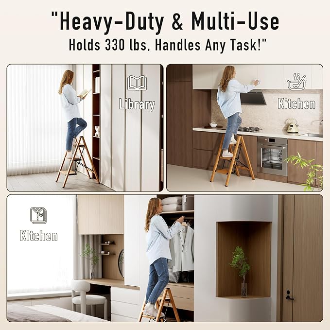 Mayi Plus 3 Step Stool Foldable, Aluminum, Lightweight Step Ladder | Extra-wide anti-slip folding steps with 330 lbs, for home,kitchen,office,outdoor,Woodgrain - Image 9