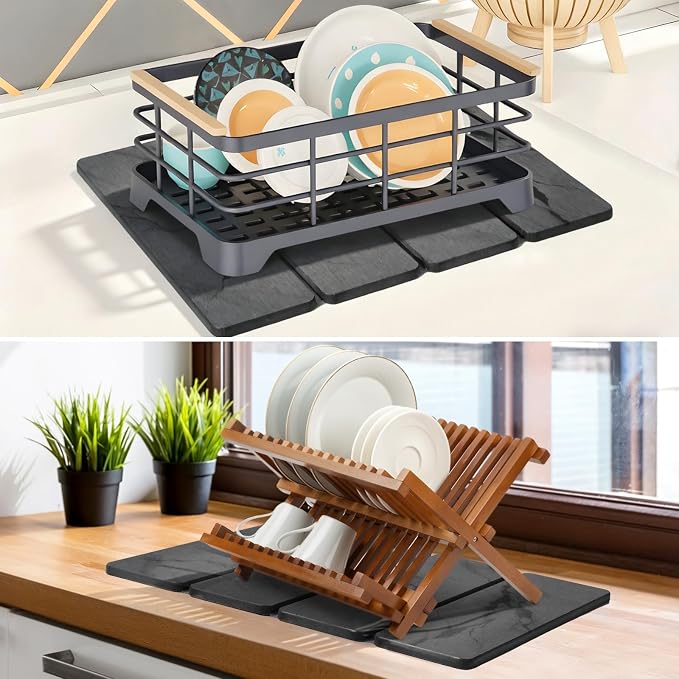 Small Stone Dish Drying Mat for Kitchen Counter, 2 PCS 16"×12" & 8"x4" Quick Dry Stone Mats, Foldable Water Absorbing Diatomite Drying Dish Pad for Countertop Bottles Utensils Cups(Dark Gray Ink) - Image 6