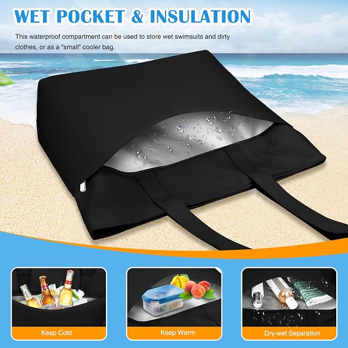HUANLANG Large Beach Bags for Women Pool Bag with Zipper, Waterproof Sandproof Beach Tote Travel Bag with Wet Pocket - Image 5