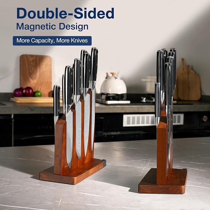 Magnetic Knife Block with Sharpener, Double Sided, Dark Acacia | Multi-Row Magnet, Hold 12 Knives as Damascus & Heavy Cleaver, No Slip, Countertop Kitchen Organizer, No Installation, Gift - Image 3