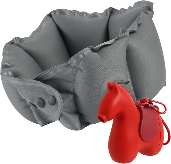 Inflatable Travel Neck Pillow Built-in Pump & Cute Storage Bag | Adjustable Cervical Support Travel Pillow For Airplane, Train, Office, And Long Trips. Hygienic Fabric (Red) by Tearom