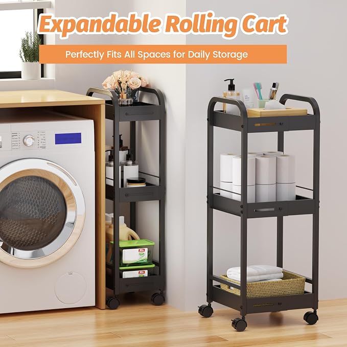 Expandable 3-Tier Metal Slim Rolling Storage Cart with Wheels | Adjustable Length Narrow Heavy Duty Rolling Cart, 4 Wheels (2 Lock), for Bathroom, Kitchen, Laundry & Small Spaces - Image 5