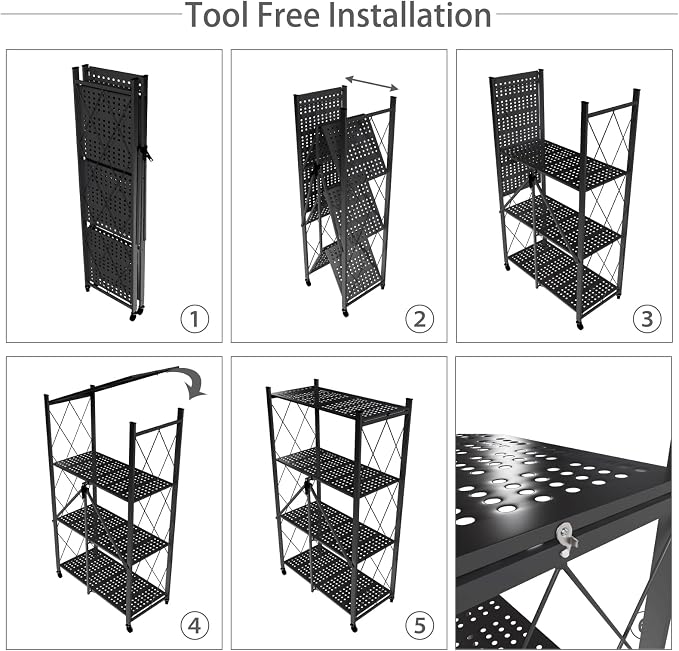 4 Tier Foldable Storage Shelf with Wheels, Metal Steel Collapsible Shelves | Heavy Duty Folding Shelf Loads 600 LBS, Rolling Standing Utility Rack for Kitchen, Pantry, Office, Black - Image 7
