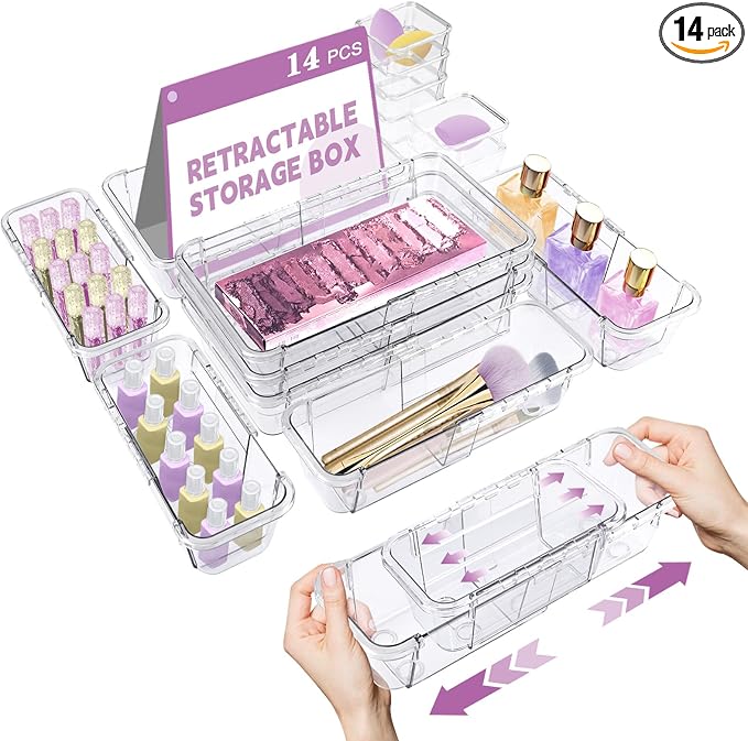 14 Pcs Adjustable Drawer Organizer, Clear Drawer Organizer Expendable | 3-Size Desk Drawer Organizer, Acrylic Storage Bins for Makeup, Cosmetic, Kitchen Utensils, Bedroom Dressers, Tool Organizer by Hiitytin