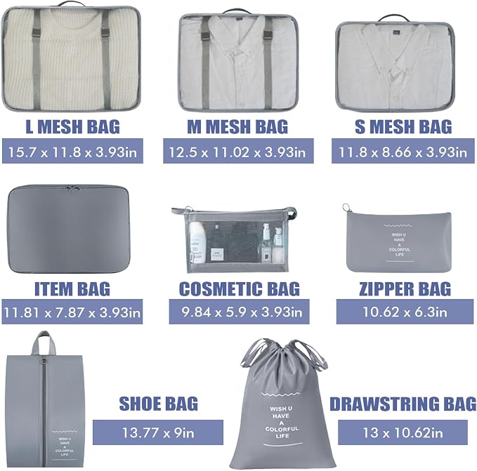 8 Set Packing Cubes for Suitcases, INVODA Travel Luggage Packing Organizers with Laundry Bag, Compression Storage Shoe Bag, Clothing Underwear Bag (Grey) - Image 2