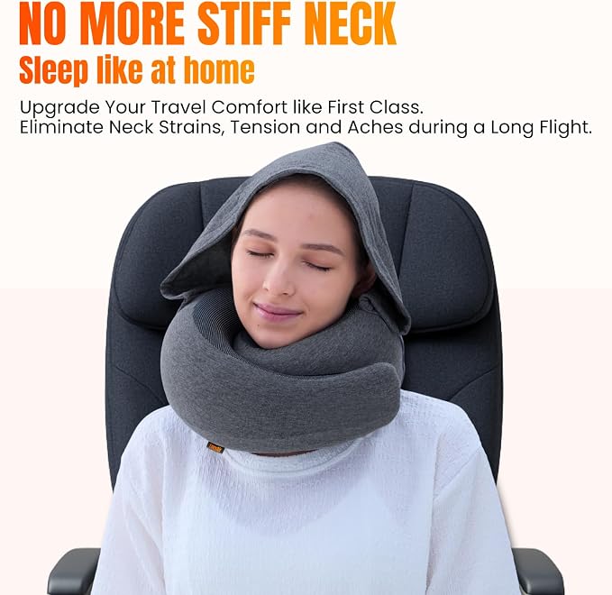 LOEXAIR™ Hooded Pro Travel Pillow - Memory Foam Neck Support Pillow for Airplane, Flight - Super-Soft Pure Cotton Fabric, Maximum Privacy & Light-Block Design, Lightweight Full Travel Kit - Dark Grey - Image 4