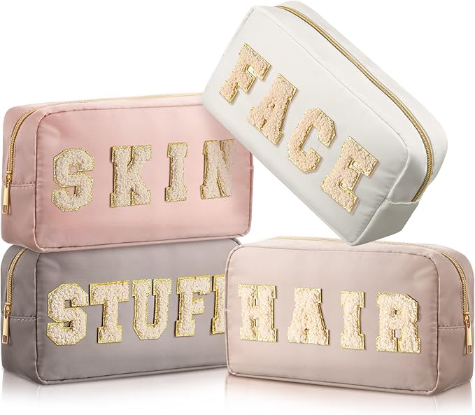 Preppy Makeup Bags Chenille Letter Stuff Bag Nylon Cosmetic Pouch Cases with Zipper for Women Travel Toiletry(Apricot Color,Classic,4 Pcs) by Cunno
