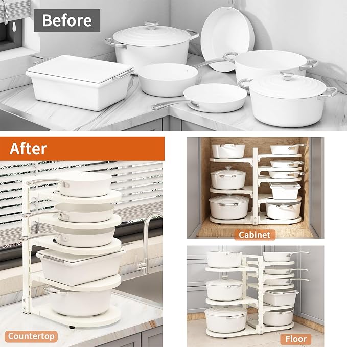 Adjustable Heavy Duty Pots and Pans Organizer Under Cabinet, 8-Tier Pot and Pan Organizers Inside Cabinet, Kitchen Cabinet Organizers and Storage, White - Image 6